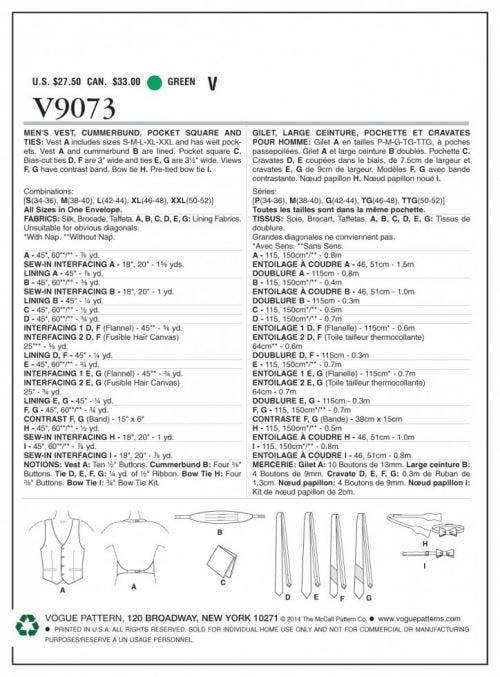 Vogue Sewing Pattern 9073, Waistcoats, Ties for Men, One Size / All Sizes in One Pattern - Intermediate