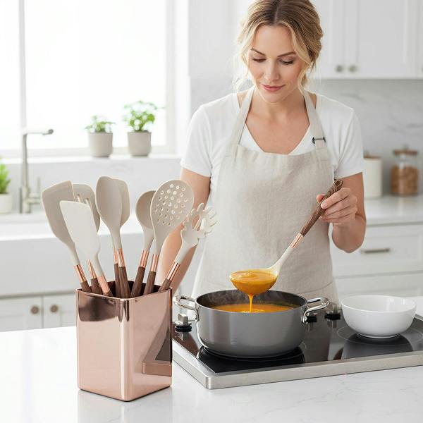 Anygleam Kitchen Utensils Non-stick Brown 10 Set Gold Plated Handle with Support Point Cooking Tool Accessories Heat Resistant Kitchenware