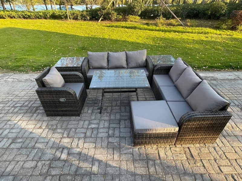 Fimous Dark Grey Mixed PE Rattan Outdoor Lounge Set - Rectangular Dining Table, Reclining Chair, 2 Side Tables & Big Footstool