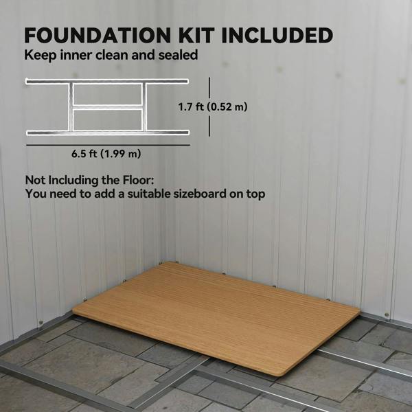 Foundation kit set-up with base frame and wooden board on paving slabs