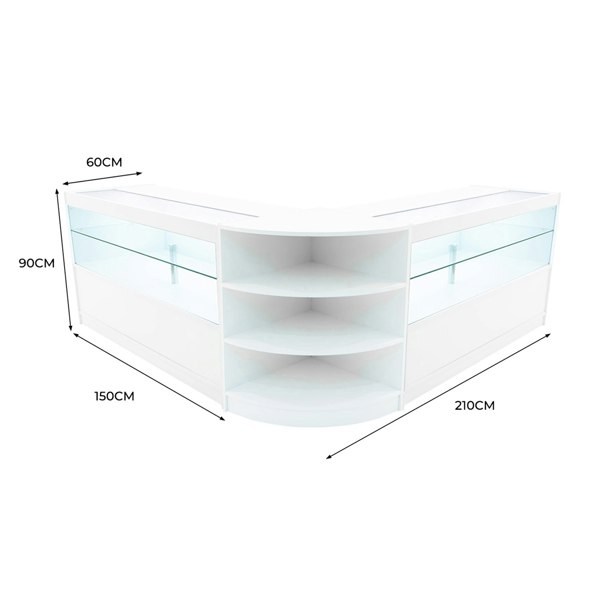 Curved white Andromeda LED shop counter set with glass display shelves, measuring 60cm by 150cm, ideal for retail spaces