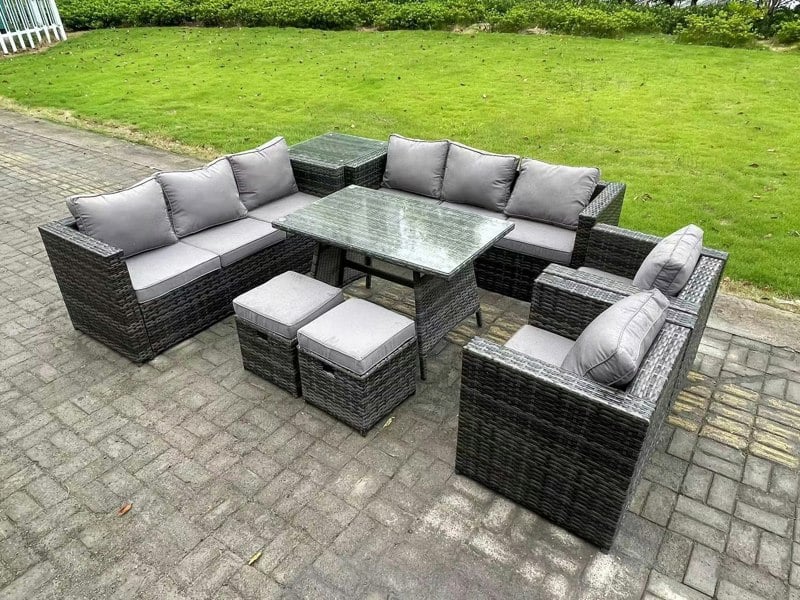 Fimous 10 Seater Wicker PE Rattan Outdoor Furniture Lounge Sofa Garden Dining Set with Dining Table Side Table Armchairs 2 Stools Dark Grey Mixed
