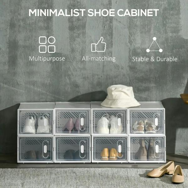 Clear cube shoe storage organizer with magnetic doors, stacked for multiple pairs
