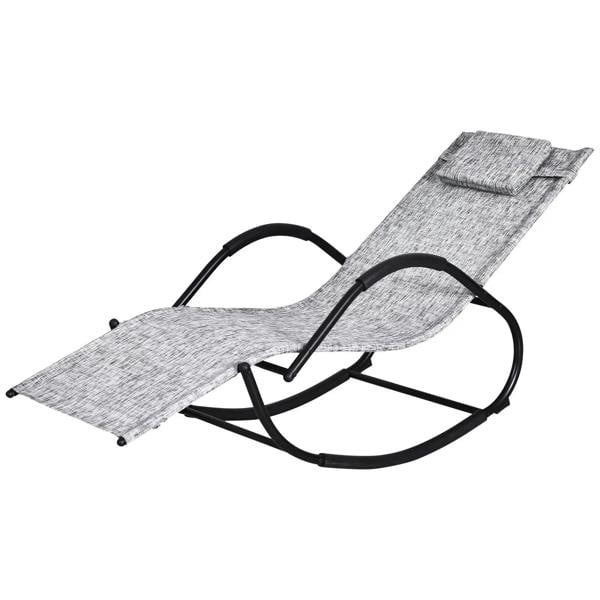 Grey zero gravity rocking lounge chair with matching pillow and black steel frame