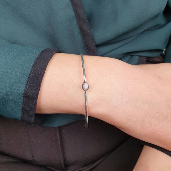 Minimalist Sterling Silver Rose Quartz October Birthstone Bangle Bracelet