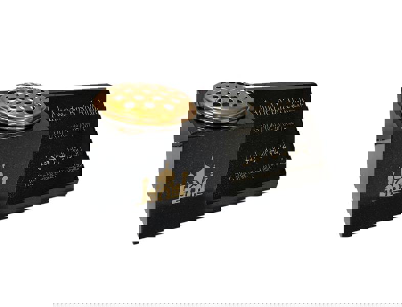 Memorials Direct Granite Memorial Vase and Plaque Combination – Islamic Design 2, Solid Granite (16x6x6”) with Flower Pot Insert