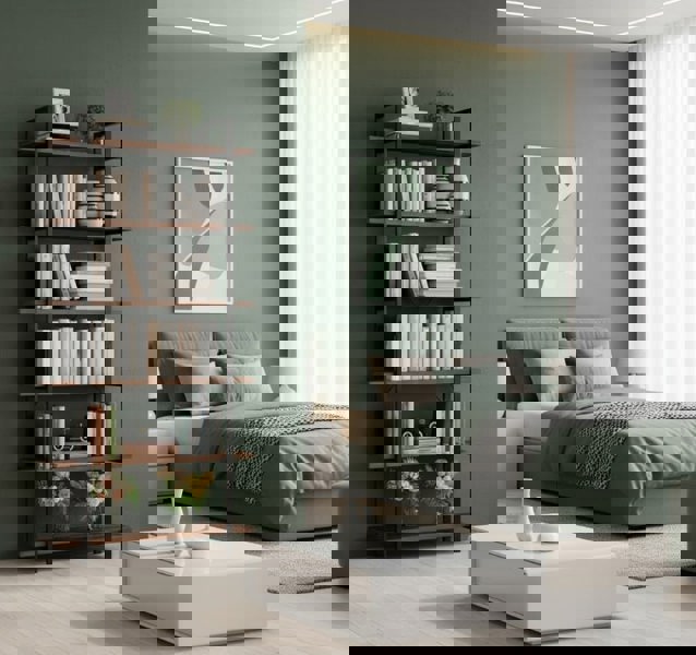 Modcraft Tall 6-Tier Bookcase 210cm Vintage Brown & Black Freestanding Bookshelf for Living Room & Office