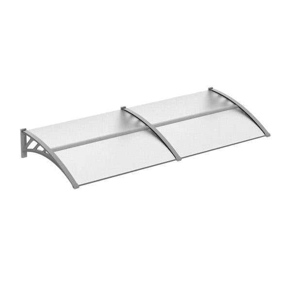 Front door canopy awning with clear polycarbonate panels and gray aluminum frame