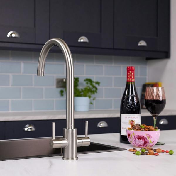 Flode Hammerfest | Dual Lever Kitchen Sink Mixer Tap with Swivel Spout | Brushed Steel Finish