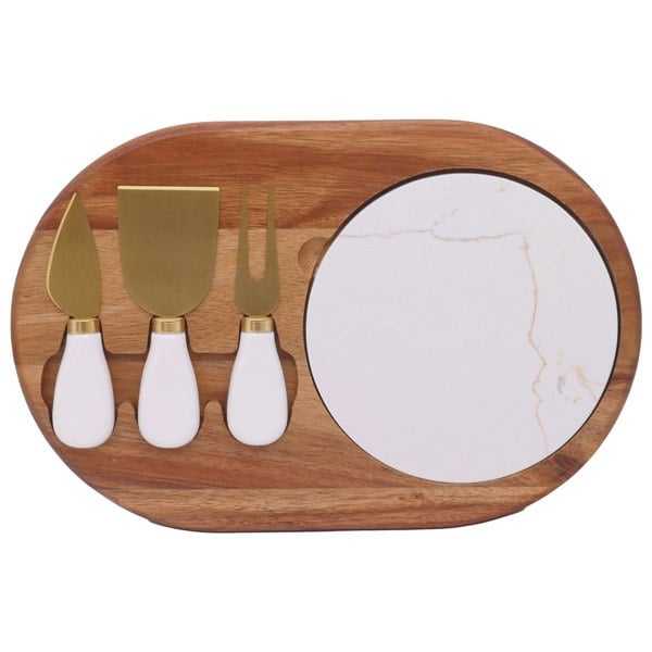 Wooden cheese board set with marble insert and gold-handled cheese knives on a white background