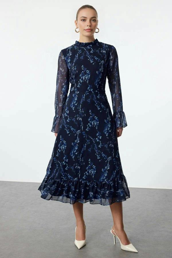 WOVCOR A-Line High Neck Midi Lined Chiffon Woven Dress