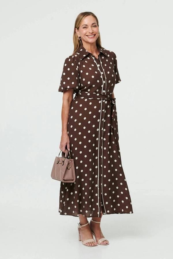 Brown | Polka Dot Tie A-Line Midi Shirt Dress