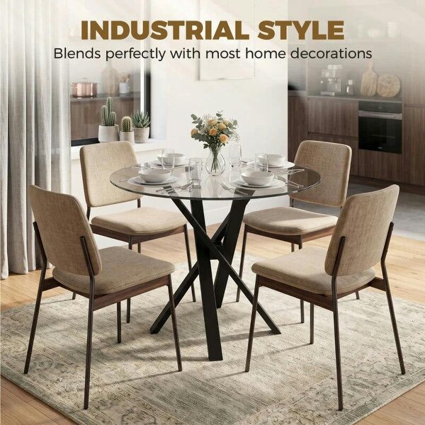 Round Dining Table for 4, 80cm Modern Kitchen Table with Tempered Glass Top and Cross Steel Legs, Clear