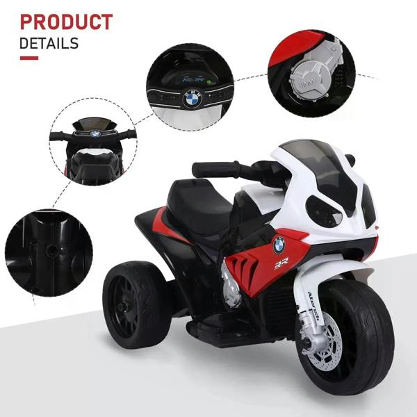 Kids ride-on motorbike front details, white body with red stripes and black seat