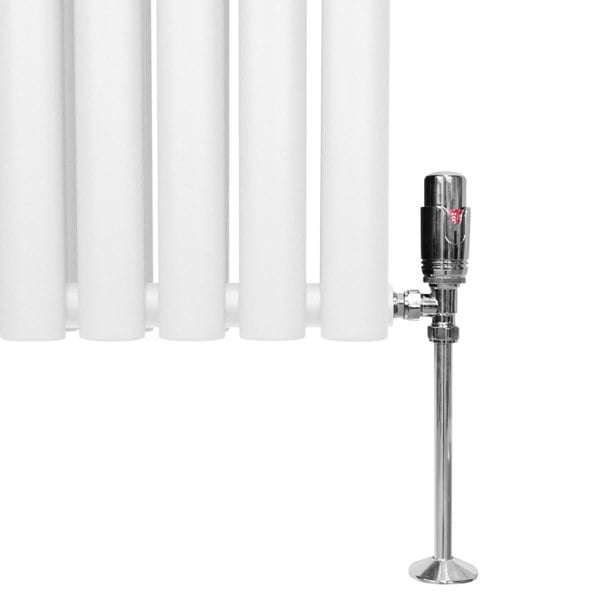 White oval column radiator with smooth, glossy finish and chrome valve, designed for efficient heating in modern spaces