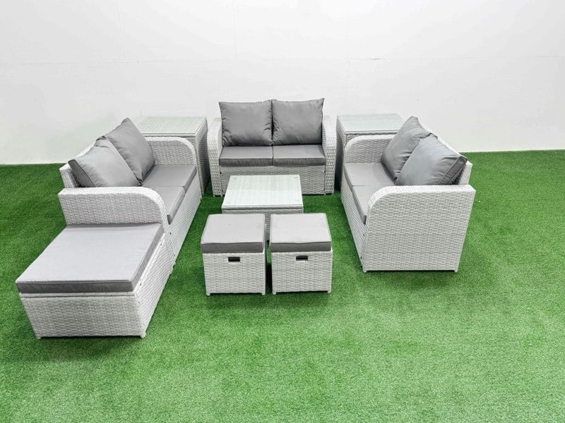 Fimous  9 Seater PE Wicker Rattan Furniture Sofa Sets with Square Coffee Table 2 Seater Love Sofa 3 Stool 2 Side Table Light Grey