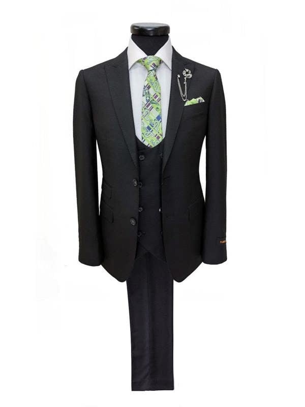 Black PAMONI two-button 3-piece suit displayed on a hanger, showing the jacket, vest, and matching trousers.