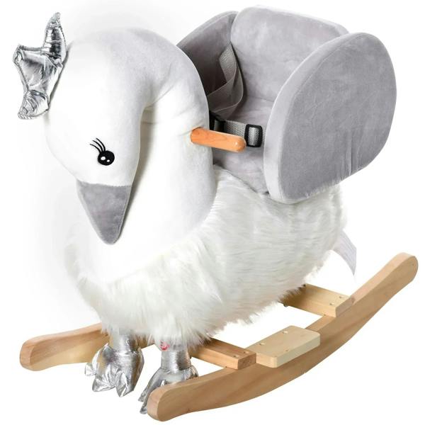 White and grey plush swan rocking toy with grey seat, wood rockers, and safety belt