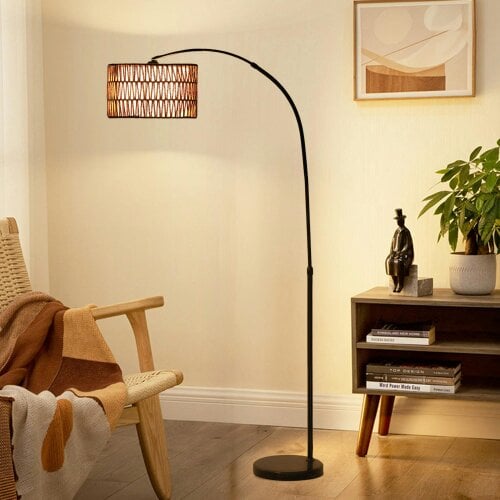 Wyld Haus Limo Natural Rattan Black Metal Adjustable Floor Lamp With Dual Layer Shade