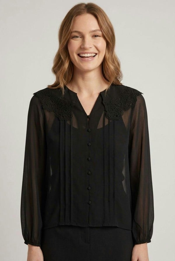 Izabel London Lace Trim Collared Semi Sheer Shirt