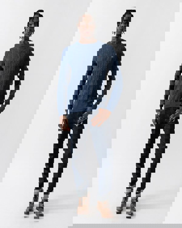 GANT Mens Cotton Cable Knit Crew Neck Jumper - 902 Dark Jeansblue Melange