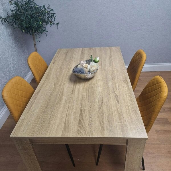 Kosy Koala Oak Effect Dining Table Set With 4 Mustard Gem Pattern Chairs Dining Room Furniture