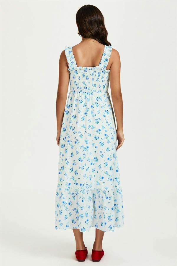 FS Collection Floral Print Hem Detail Maxi Dress In White