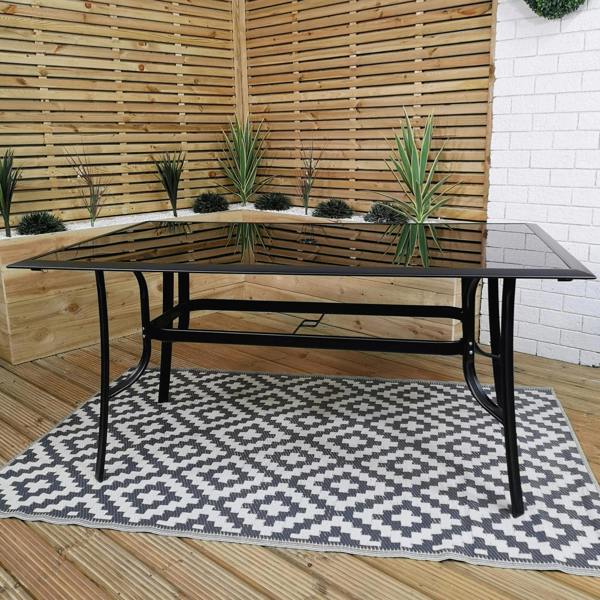 Samuel Alexander Outdoor 4 Person Rectangular Glass Top Garden Dining Table Chairs With Green Banana Lit Parasol and Base