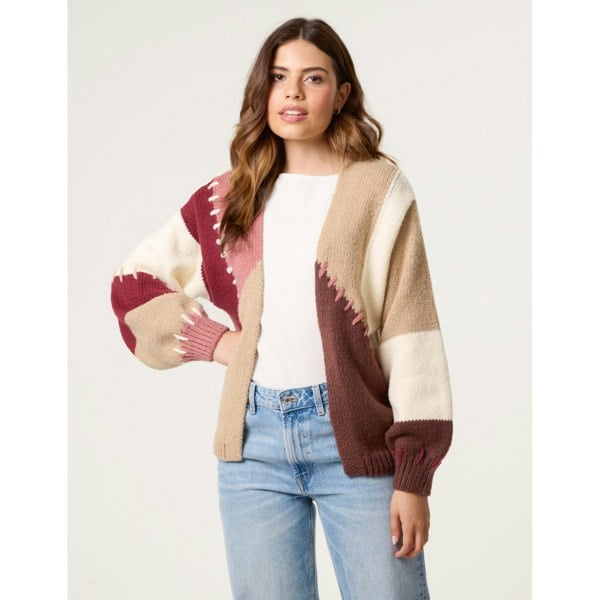 Blue Vanilla Blanket Stitch Detailed Colourblock Cardigan