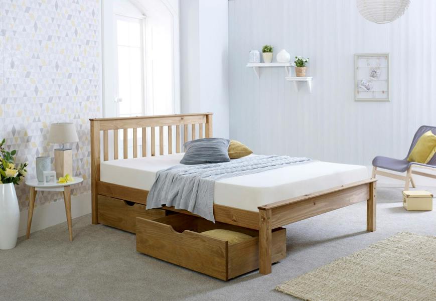 Mission TM Dorset Natural Wax Solid Pine Bed Frame, Shaker Headboard, 4 Sizes, Single to King