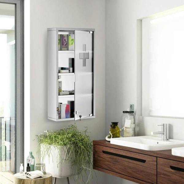 Wall-mounted stainless medicine cabinet with frosted glass door and 4-tier shelving