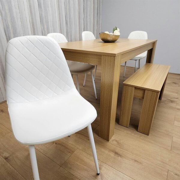 Kosy Koala Wooden Dining Table Set for 6 Oak Effect Table With 4 White Gem Patterned  Chairs and 1 Bench