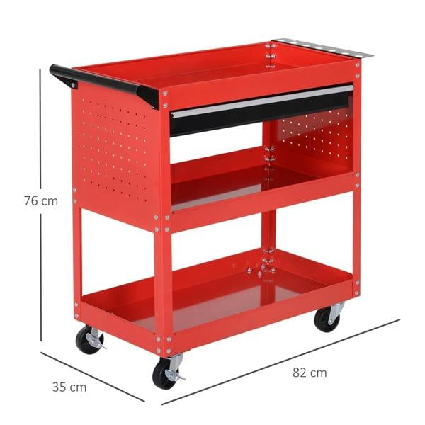 Red 3-tier tool trolley cart with black handle bar, perforated side panels, and measurements