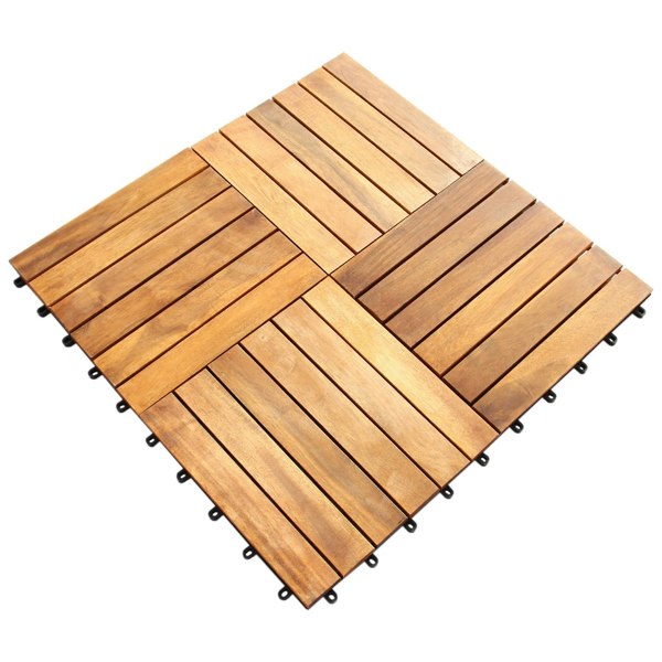 Natural wooden decking tiles arranged in a square, showcasing rich brown tones, smooth texture, and interlocking edges for easy installation