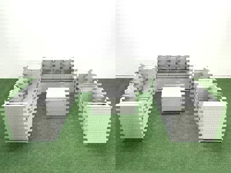 Fimous Outdoor Rattan Sofa Garden Furniture Set with 2 Armchairs Oblong Coffee Table Side Table Light Grey Mixed