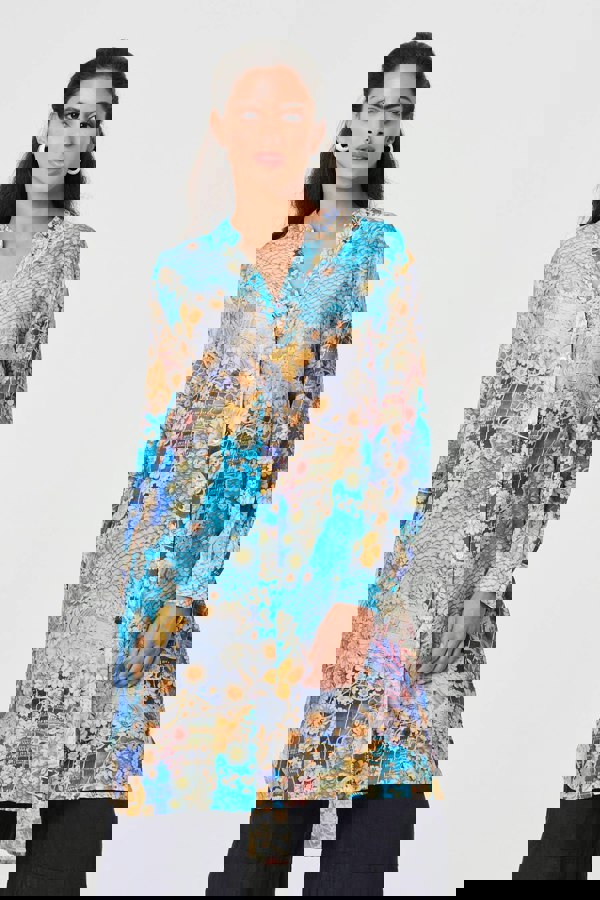 Blue | Floral Long Sleeve Longline Tunic Shirt
