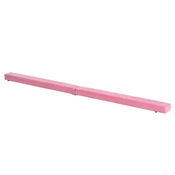 Pink folding gymnastics balance beam, long rectangular padded bar with hinged center