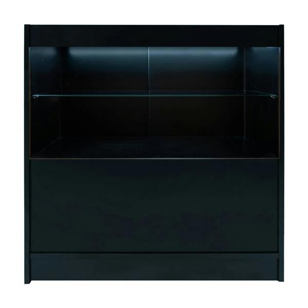 Black Phoenix LED shop counter set featuring sleek design, illuminated shelves, and smooth surface, ideal for retail displays