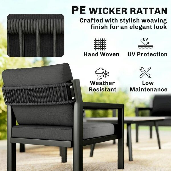 4 Seater Rattan Garden Furniture Set with 2 Armchairs, Loveseat, Coffee Table, Garden Sofa Set with Cushions, Dark Grey