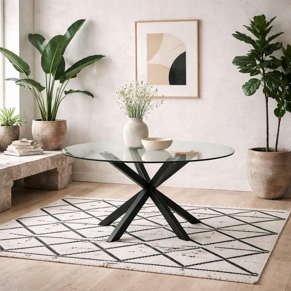 Wyld Haus Perth 119cm Clear Glass Round Dining Table Industrial Black Metal Legs