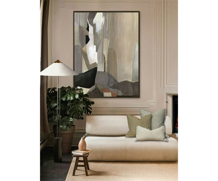 Custom-sized contemporary abstract art from the Quintessa Gher Collection, designed for high-end home decor.