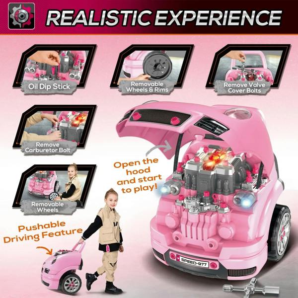Pink toy truck car with open hood revealing engine parts and working headlight glow.