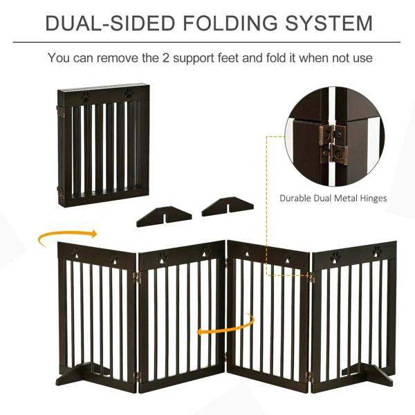 Brown wooden pet gate with dual metal hinges, folding support feet, and paw prints