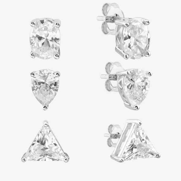 T. H. Baker Silver Cubic Zirconia Oval Pear Traingle Set Of Three Stud Earrings OJS0037
