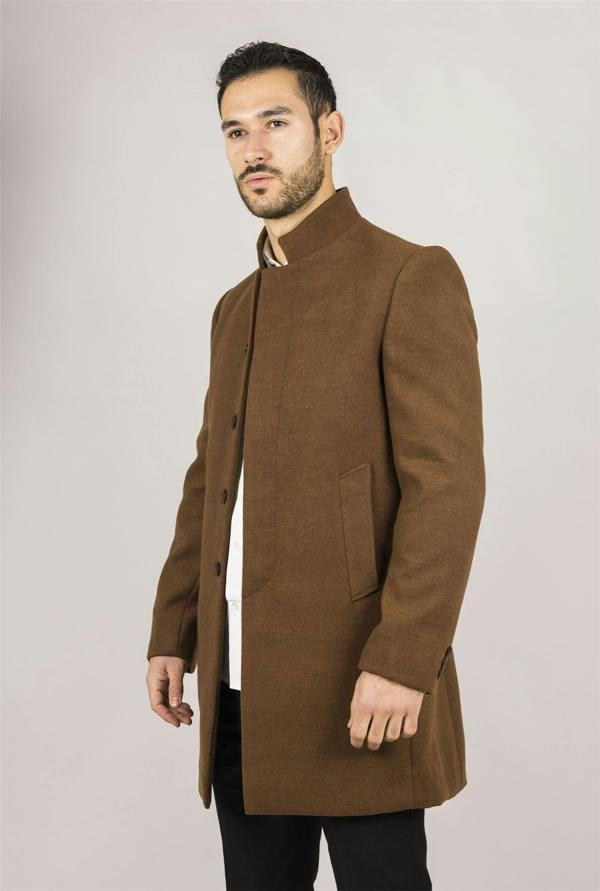 Infinity Leather Men's Brown Stand Collar Wool Blend Overcoat