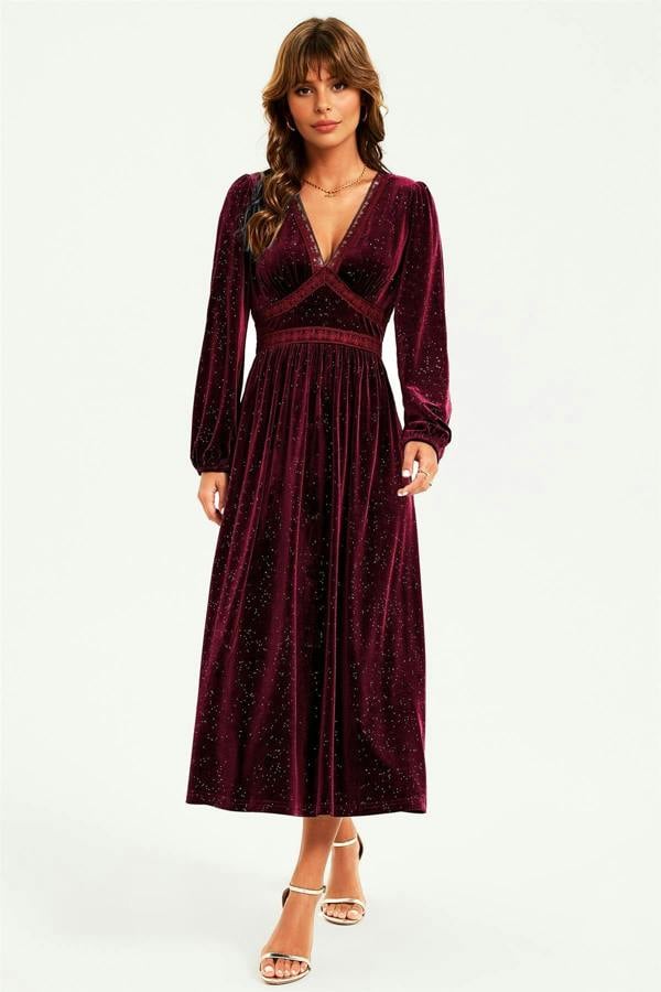 FS Collection Silver Foil Velvet Lace Trim Neckline Midi Dress In Wine