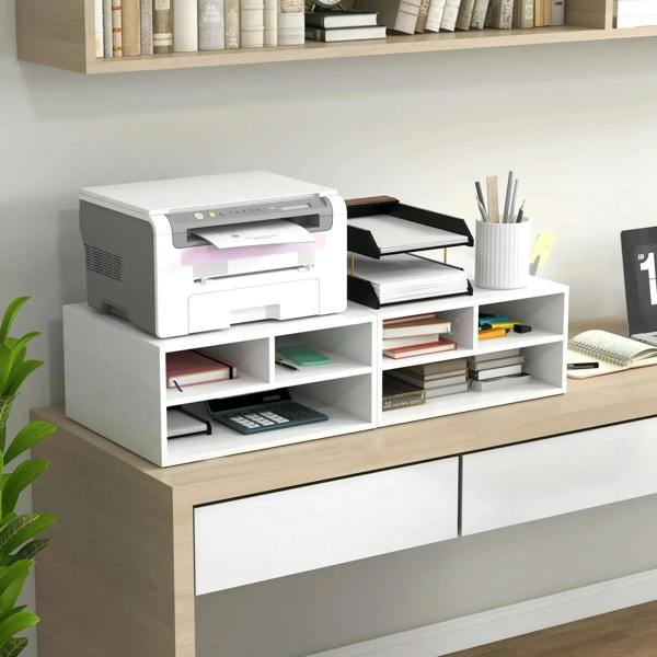 White three-compartment printer storage cabinet with open cubbies for documents