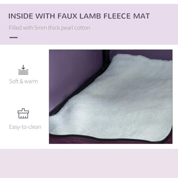 Inside view of purple pet carrier showing faux lamb fleece mat with soft, warm padding