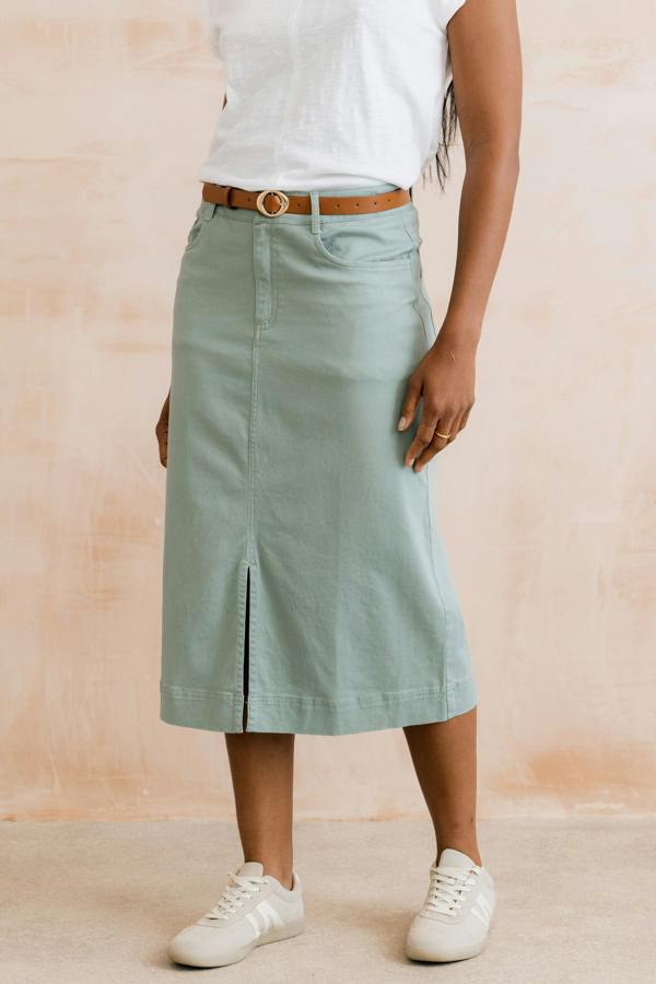 Lily & Me Morwenna Stretch Twill Midi Skirt Silver Sage