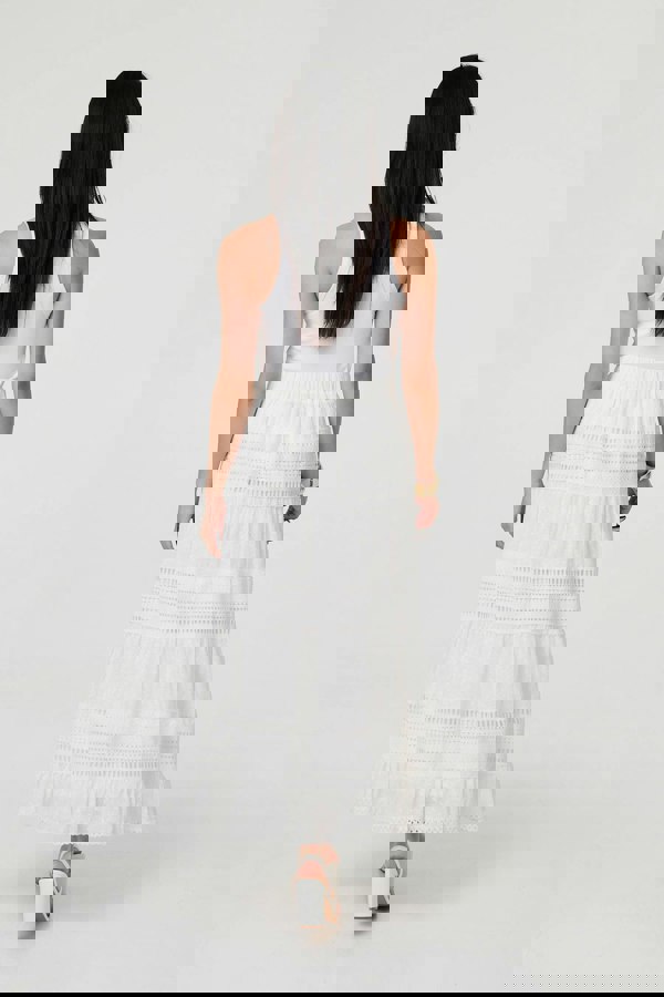 White | High Waist Lace Trim Tiered Maxi Skirt
